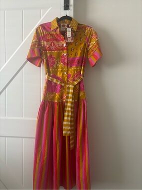FARM Rio Mustard & Hot Pink Floral-Stripe Maxi Shirt Dress